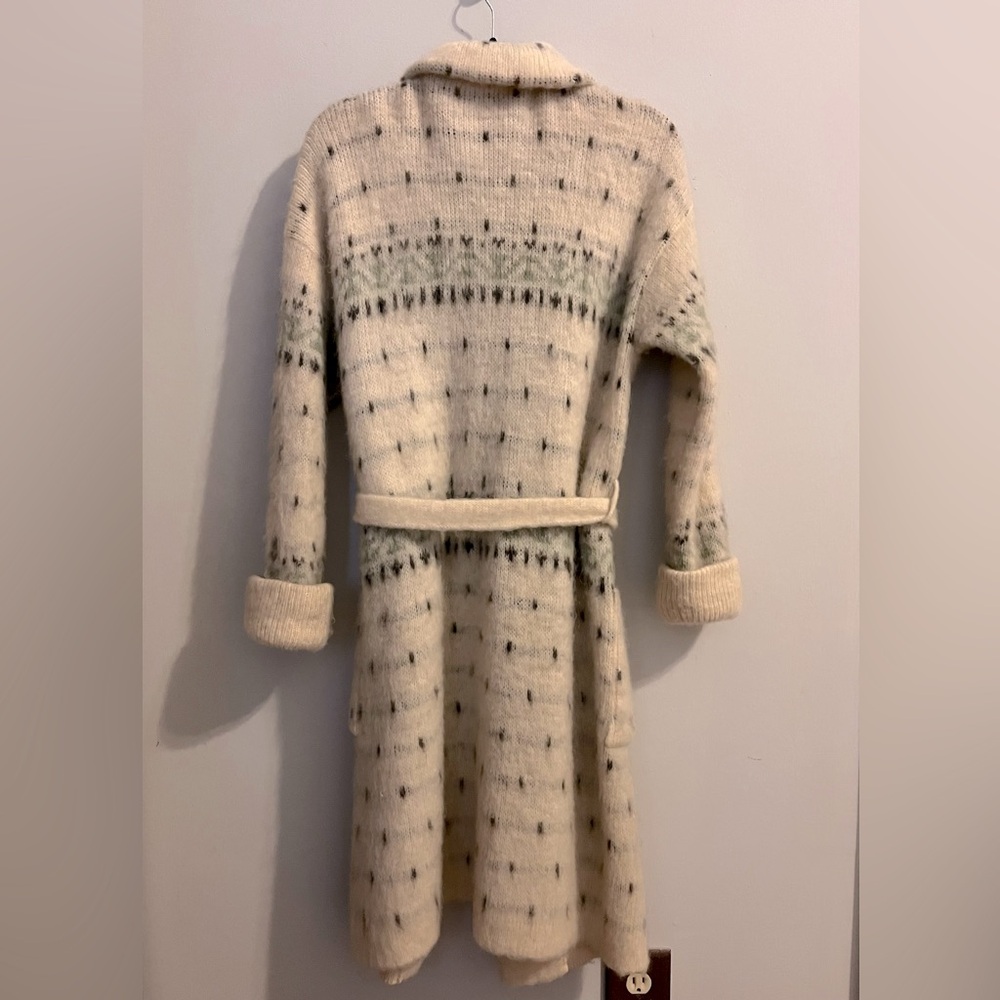 ALAFOSS ICEWOOL Ivory & Brown Virgin Wool Full-Zip Belted Sweater Coat-  Sz S - Picture 12 of 14